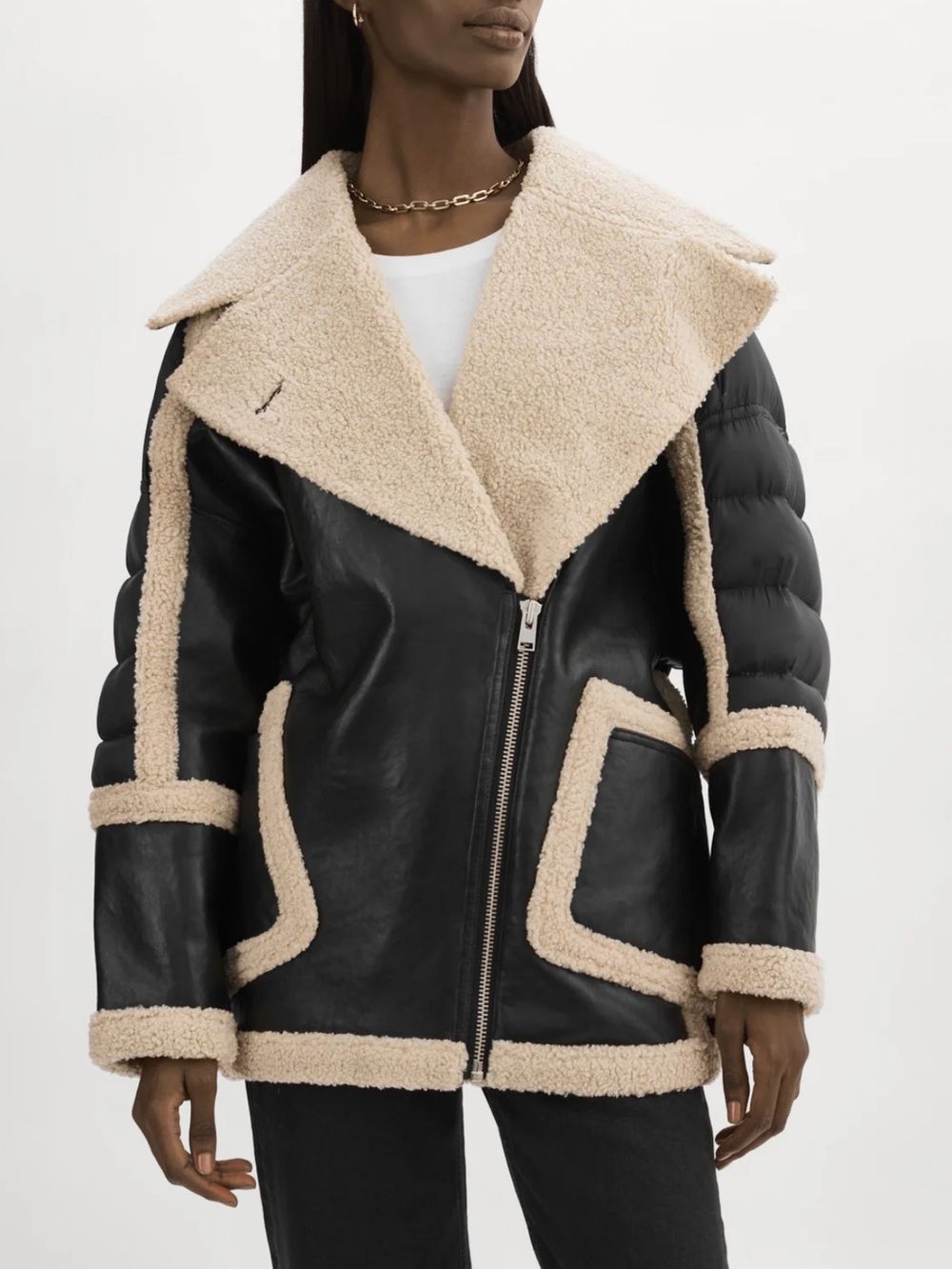Lamarque Lisa Oversized Mixed Media Cocoon Jacket Lamb Leather Faux Fur Black